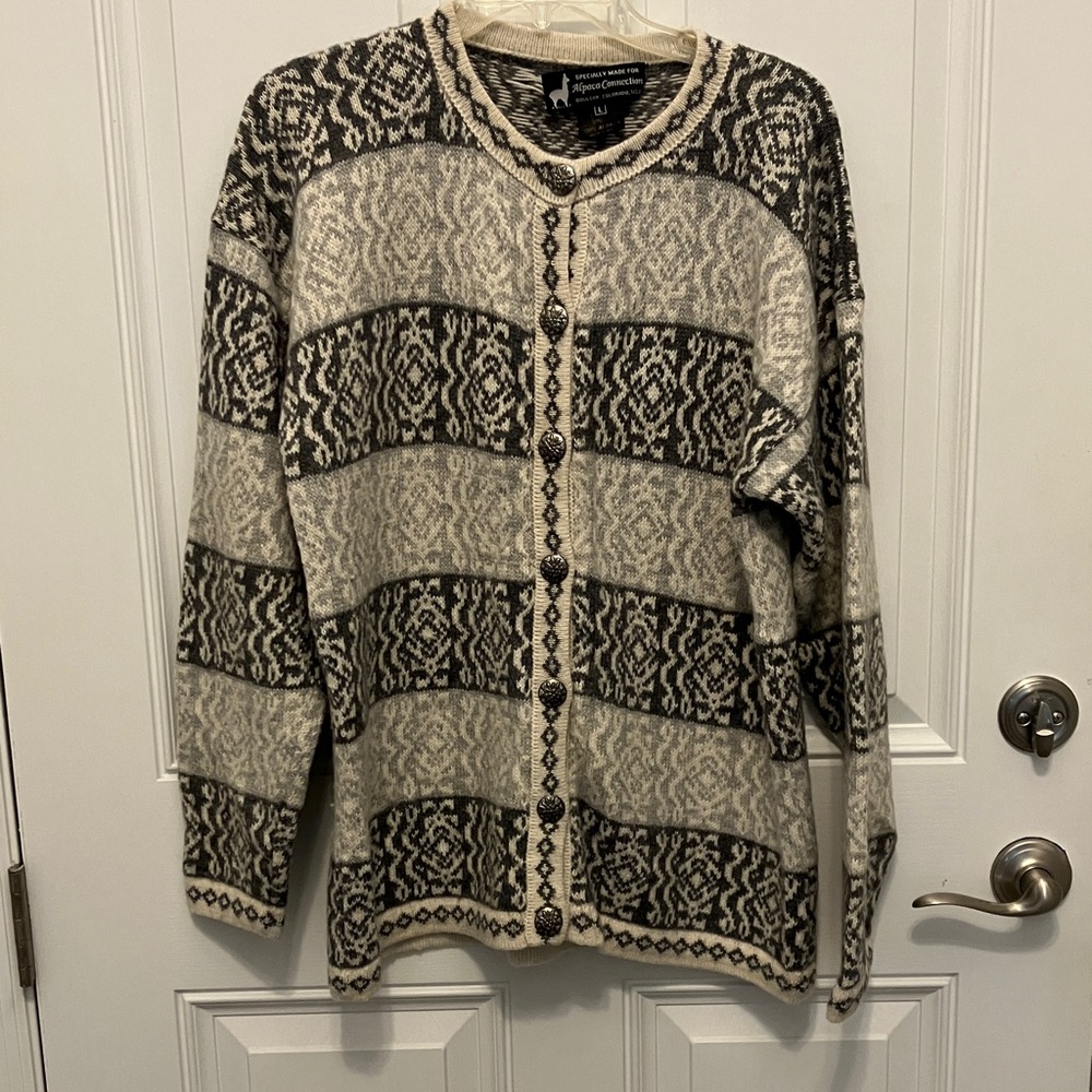 Alpaca Connection Women's Gray and Cream Cardigan Sweater. 100% Alpaca